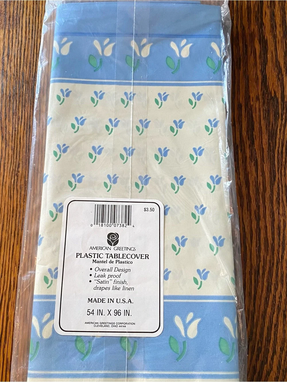NEW Vintage 1980s 90s American Greetings Blue Floral Plastic Tablecloth 54 x 96